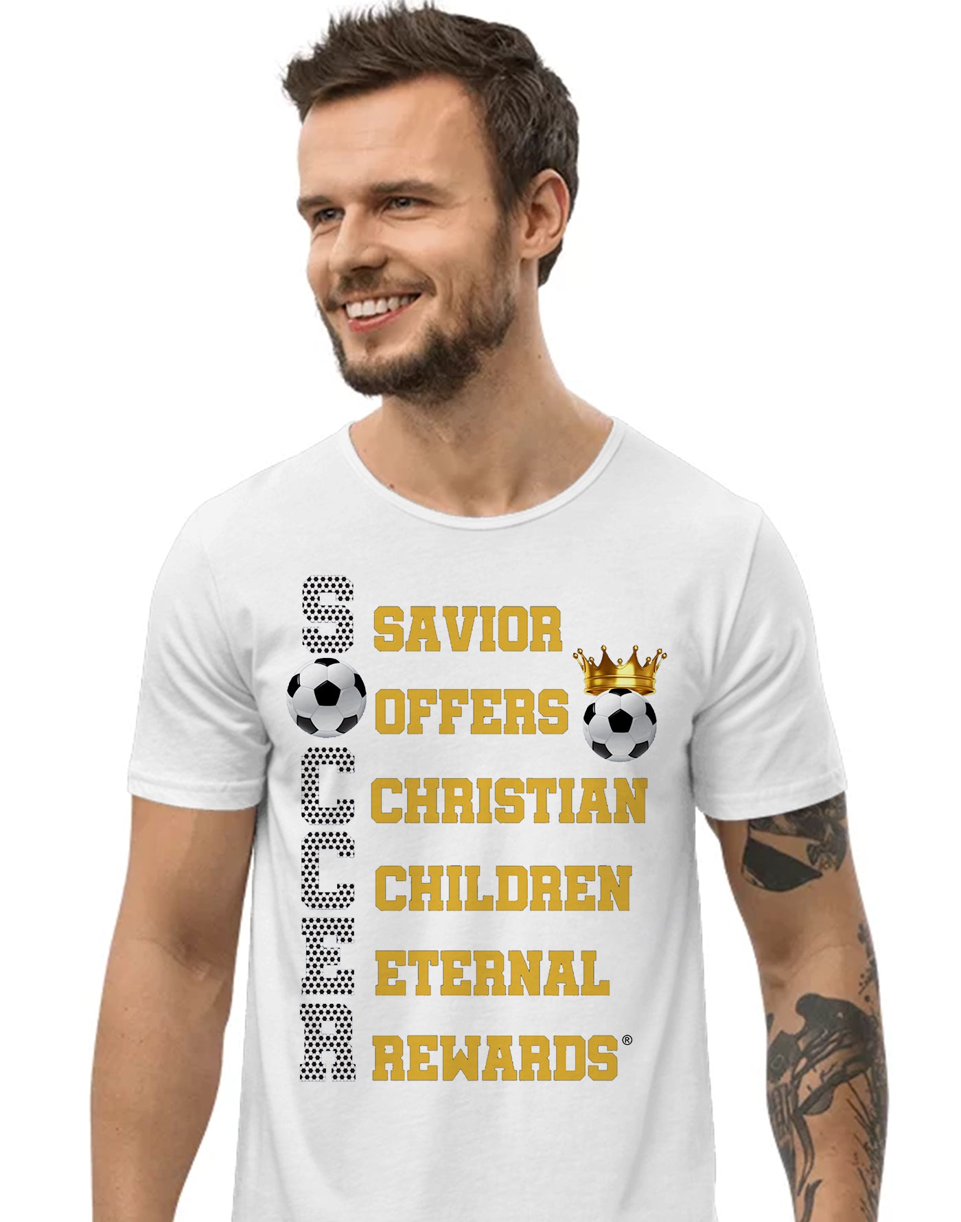Christian Soccer T-Shirt – S.O.C.C.E.R.® (Savior Offers Christian Children Eternal Rewards®) – Faith-Based Apparel by C.C.A.®